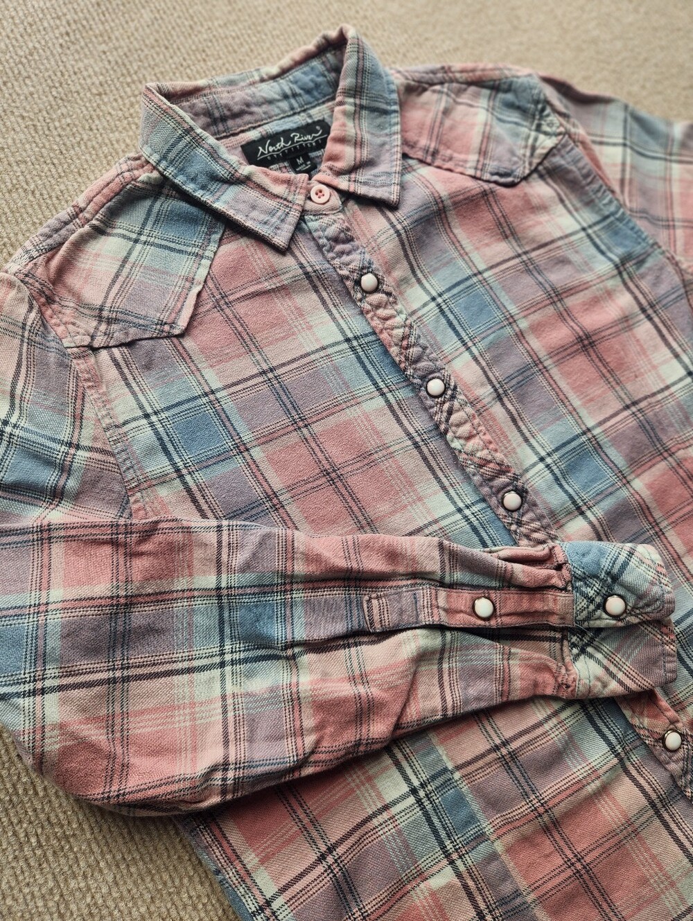 North River Outfitters Women’s M Plaid Flannel Snap Button-Up Shirt Pink/Blue